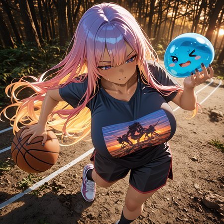 slime_(creature), motion_blur:1.1, cat_girl, Chiropractor's adjustment room, newest, highlighted hair, vhs tape aesthetic, tan skin, Iridescence / Opalescence, balancing provocatively, slime_(creature), 8K, Bird's eye view, tube socks, Tamaki Kotatsu (Fire Force), Vintage graphic tee, depth of field, masterpiece, ray_tracing, very aesthetic, Forest Warden, ambient occlusion, amazing quality, ultra-detailed, huge breasts, Sunset hair, motion_lines:1.1, absolutely eye-catching, HDR, retro sneakers, very long hair, anime character, contempt, Dusty Colors Theme, best quality, blurry foreground, basketball shorts, nail_polish, long_nails, absurdres, 1girl, barefoot, sunrise