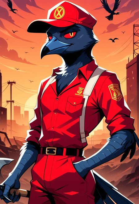 SCORE_9, SCORE_8_UP, HazbinStyle, cartoon character,
OverallDetail, Expressiveh, saturated colors (best quality:1.1), HCSV1, (masterpiece:1.2), saturated colors, (detailed:1.1), (high res, best quality:1.2),(ultra HD quality details), (dynamic angle),
SOURCE_FURRY, SOLO, 1 male, anthro bird male, anthro raven, anthro crow,
RED EYES, BLACK SCLERA, black Feathers, BLACK HAIR,
red Construction worker outfit, red construction site, holding Shovel,
Red sky, sunset,
HIGH RESOLUTION, VIVID TEXTURES, DETAILED PUPILS