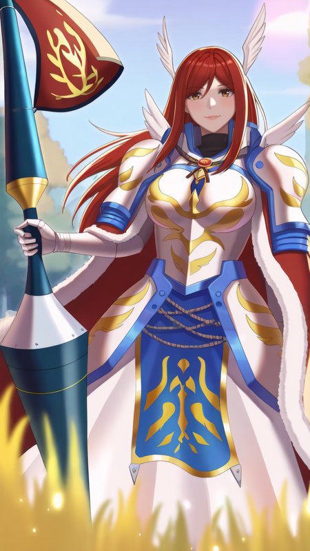 masterpiece, best quality, very aesthetic, absurdres, BREAK, 1girl, looking at viewer, cowboy shot, 
<lora:Farewell_Erza_Illu_Dwnsty:1>, erz_farewell, brown eyes, red hair, long hair, wing hair ornament, hair ornament, head wings, valkyrie, armored dress, shoulder armor, red cape, gauntlets, fur trim, boots, pauldrons,
large breasts, lips,  light smile, holding weapon, flag, 
grass, nature, island, forest, landscape, blue sky, cloud, sunlight, wind,