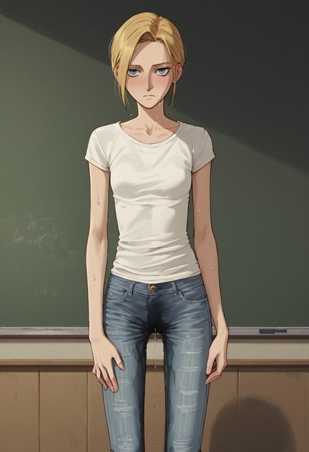 annie leonhart, wetting self, wet crotch, clothes, student, skinny jeans desperation, holding crotch, anime, score_9