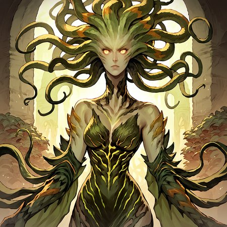 <lora:Vraska_Magic_the_Gathering:1> vraska, solo, 1girl, colored skin, monster girl, yellow eyes, green skin, glowing, plantdress, breasts, snake hair  <lora:Final_Fantasy_Tactics_-_Pony:1>, source_anime, score_9_up,  score_7_up, score_8_up
