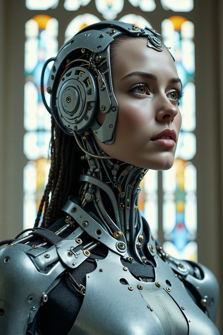 shoulder-up portrait of a mechanized woman with real human eyes and full lips, the rest of her head encased in smooth silver plating with finely etched geometric patterns, carbon fiber tubing wraps her shoulders like ceremonial robes, gold hex bolts and exposed servo joints frame her collarbone, mechanical halo arcs behind her head, synthetic dreadlocks made of braided wire cascade to one side, background is a minimalist cathedral interior with stained glass made of fiber-optic mesh glowing faint blue, photorealistic with strong contrast and metallic texture fidelity  








mg-mk.1