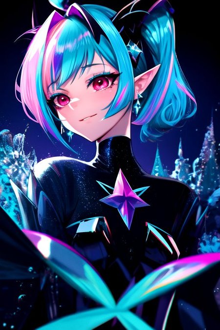 DarkPrecure, Bad_End_Precure, Corrupt_Girl, professional image of a cute young woman, (frilly elegant glossy dark holographic dress, crescent brooch, crescent earrings, crescent accessories:1.2),
(blue water dragon horns, blue water dragon tail:1.3), (short hair, side ponytail, hair above cheeks, light blue hair with light pink hairtips, gradient hair, multicolored hair:1.4), red eyes, (small breasts, cute face, pointy ears, evil laugh, evil eyes, corrupted:1.1), (sparkles, sparkling clothes, sparkles near eyes:1.2),
(intricate aquatic background, underwater, sparkling water, ocean floor, corral reef, bubbles:1.2), 
(ultra wide angle shot, cinematic style, absurdres, incredibly absurdres, huge filesize, extremely detailed, High quality texture, physically-based rendering, Ray tracing, octane render, sharp focus, (8k), (4k), (Masterpiece), (Best Quality), extremely detailed, intricate, hyper detailed, illustration, soft lighting, high resolution, sharp detail)