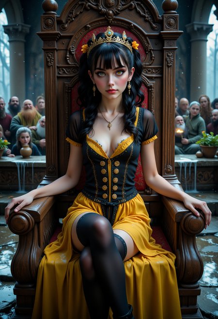 She is approximately 18 years old, she is smiling, full body view, dynamic angles, she is looking at the camera, multiple angles,looking at camera, photoshoot poses;  she is standing. a photo of R@in, a young woman, with black hair. her right eye is yellow, her left eye is blue, and is wearing earrings.,is cosplaying as snow white outfit, black thigh highs, and black boots. she is wearing a crown on her head, She is looking at the camera. The photo has a vintage feel. The background is blurred, focusing the viewer's attention on  her outfit. she is in sitting on a throne in a great hall, surrounded by dwarves. she is looking directly at the camera with a evil expression on her face.  The overall mood of the image is intense and dramatic,RAW candid cinema,16mm,color graded portra 400 film,remarkable color,ultra realistic,textured skin,remarkable detailed pupils,realistic dull skin noise,visible skin detail,skin fuzz,dry skin,shot with cinematic camera,detailed skin texture,(blush:0.2),(goosebumps:0.3),subsurface scattering,beautiful photograph in the style of Augustus John,Sergio Toppi,Virginia Frances Sterrett,8k HD,detailed skin texture,ultra realistic,textured skin,analog raw photo,cinematic grain,whimsical.Detailed hand,Perfect hand,aidmareduxstyle, aidmafluxpro1.1,Niji style