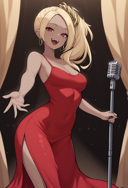 masterpiece, best quality, solo, 1girl, k4tjazz, dark-skinned female, :d, teeth, looking at viewer, holding microphone stand, outstretched arm, long hair, blonde hair, side ponytail, hair ornament, red eyes, long dress, red dress, sleeveless dress, spaghetti strap, side slit, hoop earrings, bare shoulders, cleavage, medium breasts, stage, spotlight, curtains
<segment:yolo-Anzhc Face seg 640 v2 y8n.pt,0.4,0.5//cid=1>