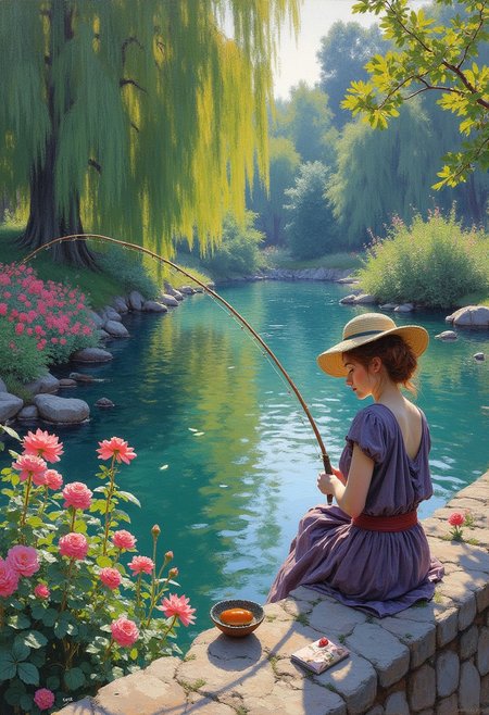 m0d3rn1mpr a woman sitting on the bridgefence in Monet's searose garden fishing with a fishing rod
 <lora:modern-impressionist:0.8>