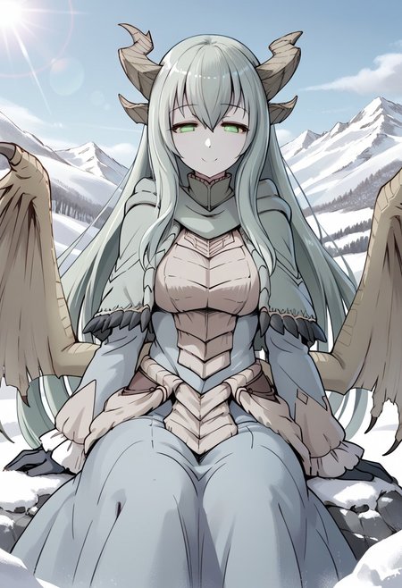 masterpiece,best quality,score_9, score_8_up, score_7_up, score_6_up,source_anime,<lora:PAARTHURNAX:0.9>, PAARTHURNAX,(gentle smile,half closed eyes,looking at viewer),(dragon horns, broken horn, dragon girl, dragon wings, very long hair, green hair, hair between eyes, green eyes,big breasts, 
capelet, dress),(upper body,from below,close to viewer),(sitting on rock),(deep shadows),(clear blue sky without a cloud in the sky,blue sky,clear sky,snow mountain,snow field,lens flare,snow on rock,light blue theme,cool lighting)