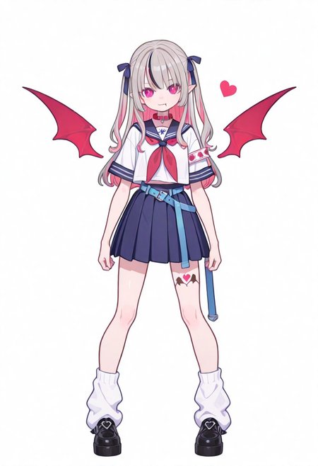 Flatline, Flat vector illustration, looking at viewer, full_body, 
niji-ririmu,flat chest,red eyes,long eyelashes,grey hair,streaked hair,multicolored hair,pink inner hair,pointy ears,fang,heart tattoo,tattoo around thigh,long hair,two side up,black hair ribbon,saggy hair ribbon,red wings,demon wings, 
niji-ririmucos1,serafuku,white shirt,short sleeves shirt,red neckerchief,midriff,blue belt,loose belt,blue skirt,miniskirt,pleats skirt,white socks,loose socks,red choker,red collar,
slim, slender, fair skin, clear skin, beauty skin, smooth skin, shiny skin, beautiful legs, long legs, 
from front, front view, straight-on, look at viewer, standing, (legs apart:1.4), 
white background,