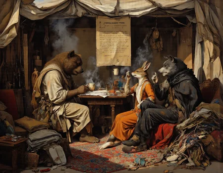 <lora:funnys:1>, This is a high-resolution, ultra-realistic CGI-rendered illustration reimagining Ilya Repin's masterpiece "The Zaporozhian Cossacks Write a Letter to the Turkish Sultan" with anthropomorphic animal characters. Every detail is rendered with meticulous precision, capturing lifelike textures and lighting that blur the line between reality and artistry. The scene features four distinct anthropomorphic animalsâa bear, a hare, a fox, and a wolfâeach portrayed with anatomically accurate proportions, realistic fur, and expressive human-like gestures., 
At the heart of the composition sits the towering bear, his immense frame draped in a tunic made of coarse, handwoven fabric. His thick fur, rendered with photorealistic detail, shows individual strands catching the sunlight streaming through gaps in the tent roof. Each hair glistens subtly, creating a tactile sense of depth and realism. His weathered face conveys intense emotion as he dictates the letter, his deep-set eyes gleaming with fiery determination while his broad paws gesture emphatically. A faint scar runs along his left cheek, adding to his rugged appearance., 
To his right, the fox perches on a wooden stool, her lithe form poised with practiced elegance. Her sleek orange fur shimmers under the soft golden light, each strand meticulously textured to reflect her movements. She holds a quill pen delicately yet confidently in her slender fingers, pausing occasionally to glance up at the bear with a sly smile before returning to the parchment. Her sharp amber eyes glint with mischief as she adds exaggerated insults to the letter, her whiskers twitching with restrained laughter., 
Nearby, lounging on a pile of intricately patterned woven rugs, is the hare. His lean body reclines against a stack of cushions, his long ears drooping slightly from the warmth of the room. His soft gray fur has been rendered with hyperrealistic precision, showing subtle variations in tone and texture where it catches the light. Dressed in a patched vest and loose trousers, his relaxed posture contrasts humorously with the animated energy around him. In one paw, he cradles a ceramic mug filled with steaming tea, its surface reflecting tiny ripples as he raises it in mock celebration of their defiance., 
Standing at the edge of the group, leaning casually against a wooden support beam, is the wolf. His imposing figure commands attention despite his reserved stance. His dense gray fur is marked with faint scars and dirt smudges, evidence of battles fought and hardships endured. His piercing blue eyes scan the scene with quiet vigilance, betraying a hint of amusement when the others grow particularly boisterous. His cloak, woven from coarse wool, drapes naturally over his shoulders, with every fold and crease rendered in stunning detail., 
The setting is brought to life with breathtaking realism: the makeshift tent is constructed from weathered canvas, its fibers frayed and stained with age. Sunlight filters through cracks in the roof, casting dynamic shafts of light across the scene and highlighting dust particles suspended in the air. Rough-hewn wooden furniture fills the spaceâbenches, stools, and tables carved with visible tool marksâand colorful woven rugs cover the earthen floor, their intricate patterns rendered with photographic clarity. Weapons hang from pegs on the walls, including sabers and muskets, their metallic surfaces reflecting soft highlights., 
On the central table lies the half-written letter, its parchment illuminated by the natural light. Ink stains dot the edges of the paper, and scattered inkpots and quills sit nearby, some tipped over from the chaos of writing. Empty mugs and plates litter the area, remnants of a recent meal shared among comrades. Above the bustling scene hangs a faded banner bearing the inscription: "Freedom cannot be tamed.", 
Every element of this ultra-realistic depictionâfrom the delicate reflections on the ceramic mugs to the fine hairs of the animalsâ furâis crafted with extraordinary attention to detail. The result is an immersive visual experience that captures not only the humor and camaraderie of the original painting but also elevates it into a world where these anthropomorphic characters feel alive, tangible, and utterly convincing.