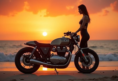 A breathtakingly beautiful photo of a sleek, vintage-inspired sport motorcycle standing majestically on a serene beach with a sexy  super model wearing a motorider latex costume at beside of the motorcycle. photo bathed in the warm glow of a stunning sunset. The camera captures the scene from a dynamic Dutch angle, with the sun hovering just above the horizon, casting a golden light upon the waves and the surrounding landscape. Reddish clouds stretch across the sky, as if set aflame by the radiant sun's descent. In the foreground, the perfectly proportioned motorcycle gleams with a rich, metallic sheen, its curves and lines a testament to its precision engineering. The image is so detailed it appears lifelike, inviting the viewer to step into the frame and experience the idyllic atmosphere firsthand.