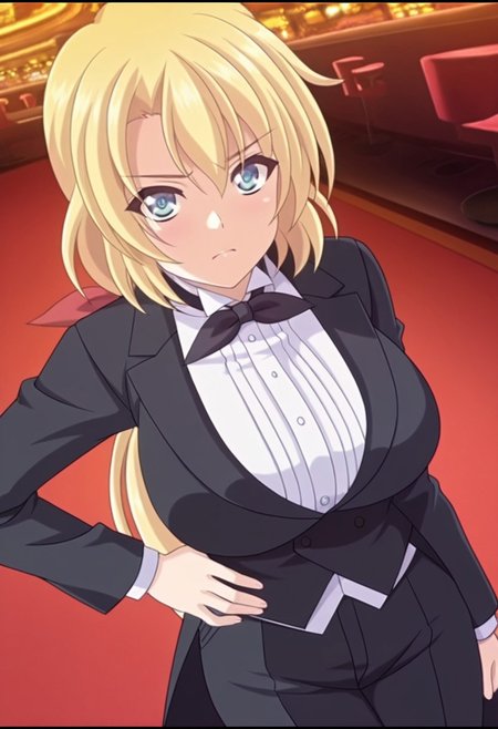 general,highres, ultra-detailed,very aesthetic,best quality ,best hands,best eyes,easynegative,
dynamic anglre, dutch angle, anime cloring,anime screencap,
1girl solo,looking at viewer,casino,hand on hip, 
Nadia Mizunashi,blonde_hair, hair ribbon, red ribbon, butterfly ribbon, blue_eyes, huge_breasts,low ponytail,butler, black tuxedo jacket,black pants,