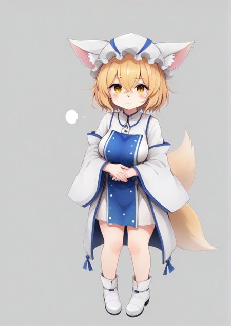 1girl, yakumo ran, furry female, animal hat, blonde hair, blue tabard, blush stickers, breasts, chibi, closed mouth, dress, fox tail, full body, grey background, hair between eyes, hands in opposite sleeves, hat, long sleeves, looking at viewer, medium breasts, mob cap, polka dot, polka dot background, short hair, solo, tabard, tail, white dress, white footwear, white headwear, yellow eyes, zPDXL3 <lora:mine_wizardãã£ãã:1>