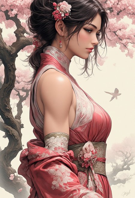 ArsNijiStyle, side portrait, Ink freehand brushwork style, an elegant Japanese woman wearing a silk dress, serene expression, standing under sakura trees, blossoms falling gently in the breeze, dappled sunlight