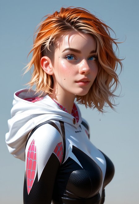 beautiful woman, orange hair, pale skin, short messy hair, freckles, big blue eyes,  details, realistic style photo caucasian
 young woman,outstanding style, tall, cute, adult. Use soft lighting to cast gentle shadows on the subject, adding a touch of dimension to your images without compromising details, score_9, score_8_up, score_7_up, sweaty, naughty looking, naughty,dynamic pose,dynamic camera, big round bubble butt, medium breast, breast movement, dynamic movement, score_9, score_8_up, score_7_up hooded bodysuit, spidergwen, <lora:spidergwen:0.75>