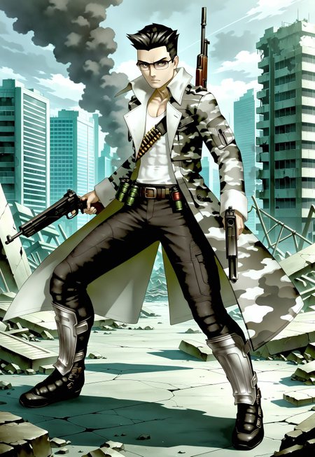 masterpiece, best quality, amazing quality, very aesthetic, absurdres, newest, chaoshsmtilxl, 1boy, male focus, black hair, raised hair, hair slicked back, widow's peak, white shirt, gray camouflage coat, black eyes, black pants, greaves, glasses, belt, looking at viewer, holding rifle, rubble, post-apocalyptic, dystopian, dramatic, ruined city backdrop, gray skies, camouflaged sleeves, bandolier, gun, dual wielding, action pose, weapon on back, grenade belt, toned male