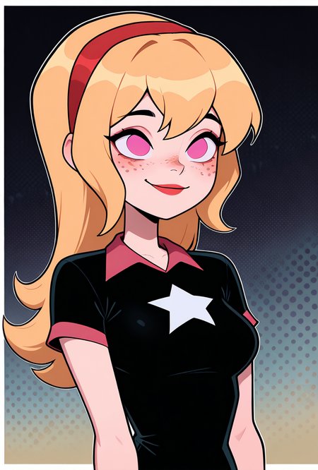 <lora:lucybig:1>, lucybig, long hair, blonde hair, red hairband, pink eyes, lipstick, smile, short sleeves, star (symbol), short dress, black dress, freckles,, masterpiece, best quality, amazing quality, very aesthetic, absurdres, newest,, upper body, halftone effect, white borders, abstract background:1.2,