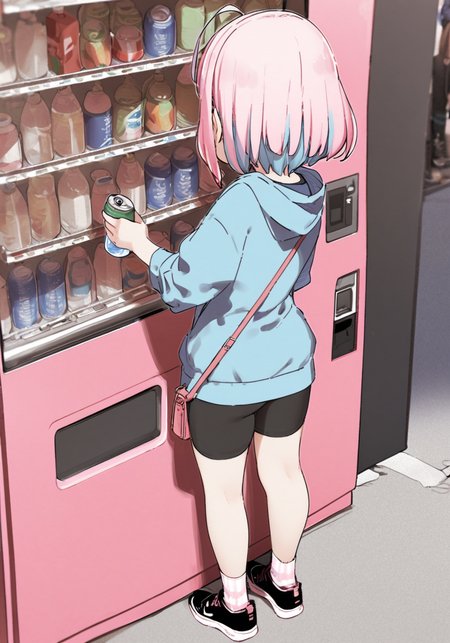 masterpiece, best quality, <lora:style21-a31-000017:1>,yumemi riamu, 1girl, pink hair, ahoge, shorts, multicolored hair, shoes, short sleeves, solo, black shorts, black footwear, standing, hood down, hood, blue hair, vending machine, bag, shirt, two-tone hair, short shorts, facing away, bottle, blue hoodie, shoulder bag, hooded jacket, watermark, short hair, holding, socks, bike shorts, full body, can, blue jacket, jacket, water bottle, outdoors, jewelry