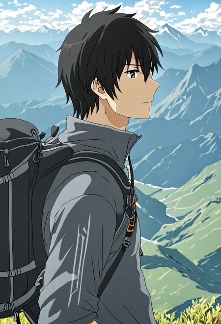 high resolution, solo, best quality, 1Boy, Kanie Seiya, Black Hair, landscape, upper body, look at the view behind, upper body, high mountain, hiking gear, OverallDetail