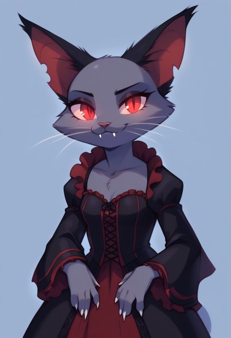 score_9, score_8_up, score_7_up, highres, high quality, perfection,
BREAK 
1girl, (solo: 2.0), girl alone, front view, cowboy shot, blue background, halloween,
BREAK 
furry female, (anthro cat girl: 1.2), cute girl, detailed fur, one-tone fur, (black fur: 1.2), (bald_girl: 1.2), (baldness: 2.0), detailed face, beautiful face, eyelashes, (red eyes: 1.2), glowing eyes, perfect eyes, detailed eyes, whiskers, small breasts, long tail, detailed hands, (chibi: 1,4),
clothed, red gothic dress, vampire cotume, gothic_lolita, lolita_fashion,
standing, posing, vampire, long vampire fangs,
BREAK
bats,