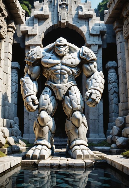 score_9, score_8_up, score_7_up, Liquid Marble golem with square head standing tall in front of a temple entrance, wide angle shot, detailed realistic photo