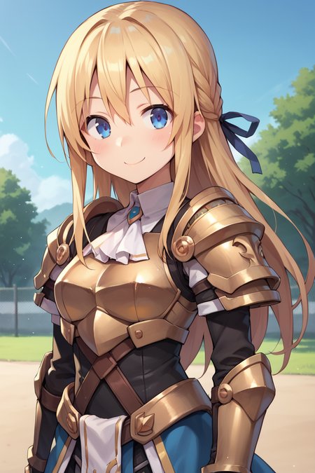 score_9, score_8_up, score_7_up, score_6_up, source_anime, BREAK, <lora:Yggdra:0.9> , yggdef, 1girl, blonde hair, long hair, blue eyes, hair ribbon, ascot, ((armor)), solo, smile, exterior, barracks, training grounds, cowboy shot, looking at viewer,  <lora:backgroundsetXL:0.3> , background,