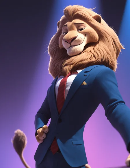 zootopia artstyle,
masterpiece, best quality,
pinup pose, looking at viewer, perfect face, colorful, dramatic angle, unique perspective, unique angle, detailed, intricate details, highres, absurdres, smile, on stage, furry male, solo, lion, lionheart, red necktie, lion tail, whiskers, brown eyes, blue suit, white shirt, brown fur, smug, cowboy shot, closed mouth
<lora:Zootopia_Art_Style_ill_3D:0.95>âââ