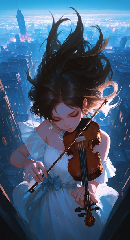 masterpiece, best quality, good quality, very aesthetic, absurdres, newest,1girl, solo, long hair, shirt, brown hair, black hair, white Off-shoulder dress, holding, closed mouth, jewelry, upper body, closed eyes, earrings, sleeveless, lips, instrument, nose, music, holding instrument, playing instrument, violin, bow \(music\), holding violin,
outdoors,sky, wind, Wide Shot, From Above,From Above,
The overall scene should have a bright and colorful atmosphere, with the main tone being light blue.
City Lights Lighting, <lora:spo_sdxl_10ep_4k-data_lora_webui:0.6> <lora:ponyv5_noobV065S_1_adamW-000013:0.7> <lora:USNR_STYLE_XL_lokr:0.5> <lora:EtherSDXL:0.15> <lora:748cmSDXL:0.3>