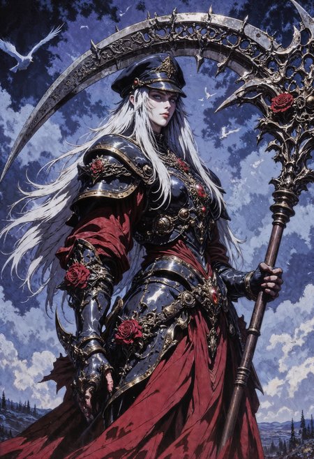 a stylized, fantasy female character set against a dramatic sky. The character is a tall, armored figure with pale skin, wearing an elaborate outfit adorned with red roses and intricate metallic details. They hold an enormous, ornate scythe with elaborate engravings and a dark, metallic finish. The character's long, white hair flows beneath a dark, military-style cap. The background is a moody, cloudy sky with silhouettes of birds in flight, adding to the dramatic atmosphere. The lower part of the image shows a distant, indistinct landscape. The overall color palette is dominated by shades of blue, red, and metallic silver, creating a striking contrast.