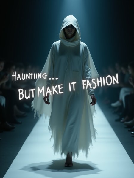 (the words "Haunting... but make it fashion" in ghostly white slanted across the image:2.0), a fashionable ghost floating down a runway in a tattered cloak, text focus, <lora:Text_Logo_-_Style:1>