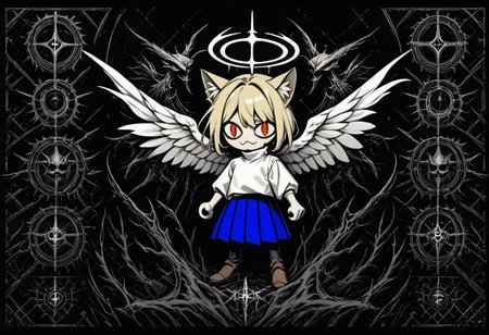 score_9, score_8_up, score_7_up, score_6_up, score_5_up, score_4_up, rating_safe,necoarc,blonde hair, red eyes, slit pupils, cat ears, :3, chibi,turtleneck, white shirt, blue skirt, pleated skirt, pantyhose, brown footwear,greyscale, monochrome, limited palette, horror (theme),angel wings,halo,abyss,hell