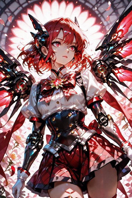 magical girl outfit, Jed-rbt, magical girl, 1girl, dynamic angle, score_9, score_8_up, score_7_up,source_anime, RED hair, magical girl made of silver and red glow, head gear, robot ears, bright red energy, cyborg girl, white gloves, mechanical arm, buttons, skirt, plaid bow, mechanical wings, Depth of field, cinematic shadows, sharp focus, dynamic lighting, star, [(bloom background:1.2)::0.2], (petal background:1.2), masterpiece, best quality, amazing quality, very aesthetic, absurdres, newest, detailed eyes, <lora:magical-girl-outfit-il-01:1> <lora:RoboStyle:1> <lora:Anime_Style_For_Pony:1> <lora:ponyv4_noob1_2_adamW:1> <lora:reij-rt:1>