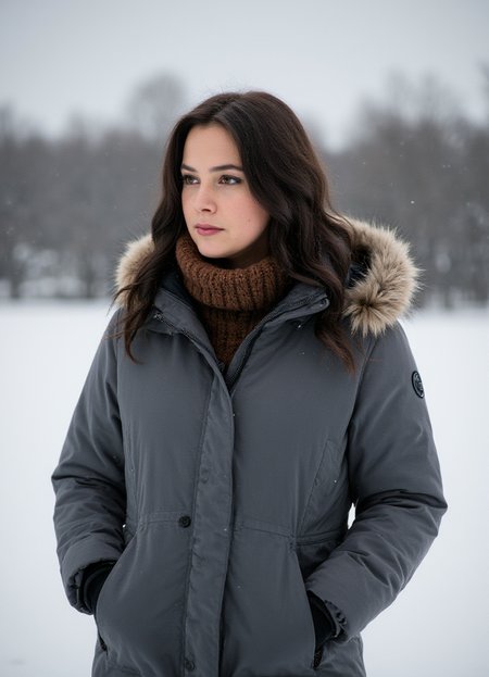 SFW, The image is a portrait of a woman standing in a snowy landscape. She is wearing a gray puffer jacket with a fur hood and a brown scarf around her neck. Her e hair is styled in loose waves and she is looking off to the side with a serious expression on her face. The background is blurred, but it appears to be a snowy field with trees in the distance. The overall mood of the image is cold and wintery., aidmaimageupgrader<lora:flux\custom\celebrity\lisa-synder.safetensors:1.0:1.0> <lora:turbo-8-step-flux.safetensors:0.5:0.5> <lora:flux\style\Common\aidmaImageUprader-FLUX-v0.3.safetensors:0.25:0.25>
