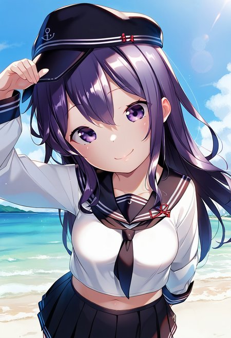 score_9,score_8_up,score_7_up,source_anime,anime, BREAK, 
(cute),1girl, akatsuki \(kancolle\), (medium breasts), purple hair, long hair, hair between eyes, purple eyes, 
serafuku, flat cap, black sailor collar, black skirt, long sleeves, neckerchief, sailor collar, 
smile, 
any pose, head tilt, 
outdoors, shiny light, beach, 
Henreader,