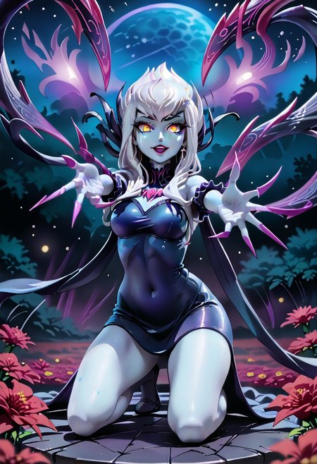 score_9,score_8_up,score_7_up, 1girl, Evelynn, Evelynn_(League of Legends), blue skin, white hair, purple aura, purple claws, (glowing eyes), alluring, innocent, seductive smile, tear, (reaching towards viewer:1.4), outstretched arm, reaching, cosmic background, purple and red flowers, purple smoke, kneeling, in a river, magic forest, horror(\theme), magic aura,  <lora:Evelynn_-_League_of_Legends_-_Pony_diffusion:0.8> Evelynn, blue skin  <lora:officialpit_v2-8:0.5> <lora:princess_xl_v2:1>    <lora:Painted_World_-_Pony:0.5> <lora:Tsuboya PonyXL:0.8>