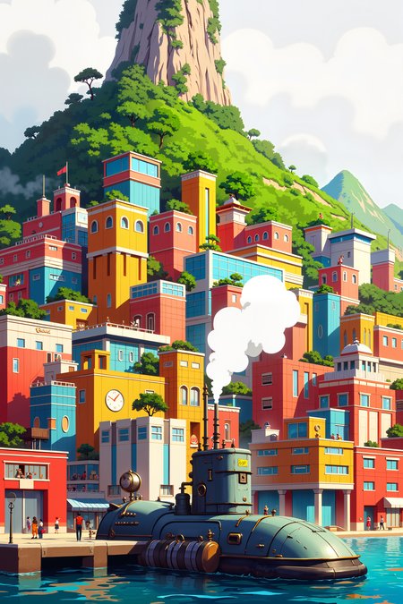 a vibrant, futuristic cityscape set against a backdrop of a lush, green hill. The city is composed of numerous colorful, geometric buildings that create a patchwork effect, with hues of red, blue, yellow, and orange dominating the scene. The architecture is a mix of modern and whimsical styles, featuring sharp angles and rounded edges.In the foreground, there is a large, partially submerged submarine, emitting a mist of steam or smoke from its top. The submarine is detailed with various protruding structures, including a radar dish and antenna, and it appears to be in the process of docking or undocking at a small pier. A few small figures can be seen on the submarine, suggesting human activity.The background features a towering hill covered in dense vegetation, with the top of the hill cloaked in mist, adding a sense of mystery and depth to the scene. The sky is overcast, with a soft, diffused light illuminating the city, giving it a serene and almost dreamlike quality. The overall atmosphere is one of a bustling yet tranquil futuristic world, blending natural and technological elements seamlessly. , detailed background  Fantastic lighting. Detailed shadows.intricate details, vivid colors, hyper-detailed, ultra-sharp, , <lora:XRSTYLE_FLUX:0.5><lora:RetroAnimeFluxV1:0.4><lora:MoriiMee_Gothic_Niji_Style_FLUX:0.3>