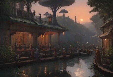 scenary, marsh, clear style, best quality, digital art, morrowind, estuary, settlement, dunmer, dunmer architecture, tree, trees, mangrove tree, dense canopy, gondola, colorful fish swimming, mushroom tree, flora, pier, best quality, semirealistic, water, mud, roots, vines, colorful fungus, sunrise, slight fog, lilly pads, aquatic flora, masterpiece, crowd, neon lights, dunmer lantern, dunmer crowd, shacks