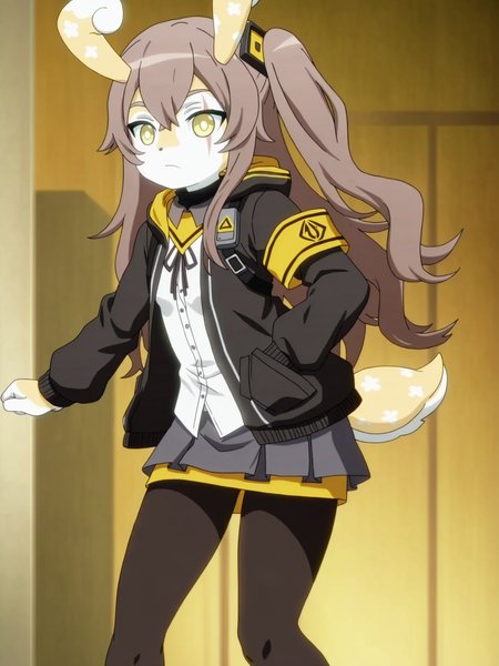1girl,ump45 \(girls' frontline\),hair between eyes,yellow eyes,scar across eye,long hair,brown hair,grey hair,scar on face,black jacket,white shirt,one side up,yellow armband,armband,small breasts,miniskirt,black pantyhose,
<lora:MelusineIllustrious-V2:1>,melusine,yellow skin,curly ears,stubby tail,office,
source_anime,masterpiece,best quality,uncensored,detailed shadows,complex background CG,HD wallpaper,extremely detailed,high definition,amazing quality,very aesthetic,absurdres,highres BREAK
intricate details,anime coloring,detailed eyes,anime screencap,anime coloring,anime studio,