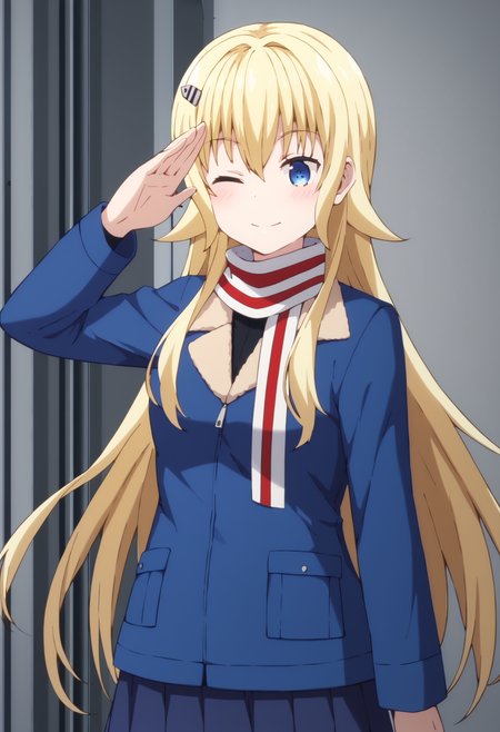 score_9, score_8_up, score_7_up, source_anime, rating:explict, uncensored, 1girl, 
BREAK,
 <lora:claudia_bruford_ponyXL_v1:1> claudia bruford, blue eyes, blonde hair, long hair, hair ornament, scarf, hairclip, jacket, skirt, salute, one eye closed,