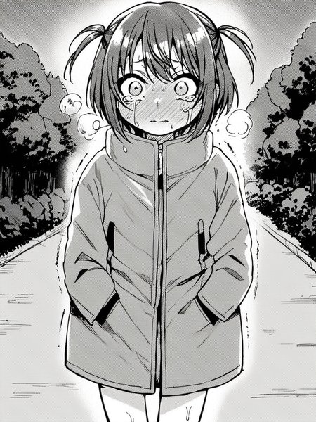 score_9, score_8_up, score_7_up,  
1girl, monochrome, otsuki mikako, medium hair, grey hair, two side up, flat chest,

standing, outdoors, park, night, solo, wide-eyed, full-face blush, closed mouth, tears, looking at viewer, jacket, coat, bare legs, trembling,
