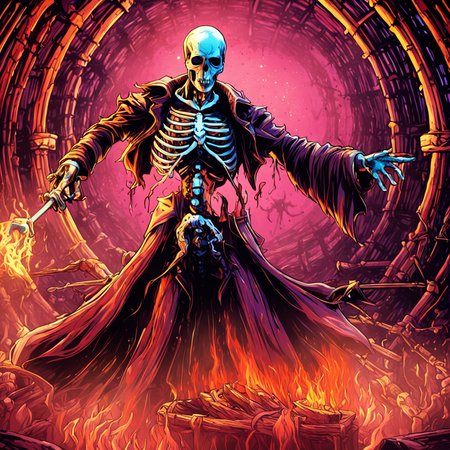 professional 3d model breathtaking anime artwork skeleton mage deep glowing eyes casting a (fire spell:1.4) wearing tethered appeal, horrible terror, gore, blood,   in a (dark:1.3) dungeon by  dnmumfrd <lora:dan_mumford_v09:1.7>  cornell box . key visual, vibrant, studio anime, highly detailed . award-winning, professional, highly detailed . octane render, highly detailed, volumetric, (dramatic lighting, rim lighting:3), (dark horror theme:3) (illustration:2), (cracked skull:1.5) cel shading, (perfect drawing:2), cinematic film still  . shallow depth of field, vignette, highly detailed, high budget, bokeh, cinemascope, moody, epic, gorgeous, film grain, grainy, breathtaking  . award-winning, professional, highly detailed, horror-themed  . eerie, unsettling, dark, spooky, suspenseful, grim, highly detailed, disco-themed  . vibrant, groovy, retro 70s style, shiny disco balls, neon lights, dance floor, highly detailed, long exposure photo of  . Blurred motion, streaks of light, surreal, dreamy, ghosting effect, highly detailed