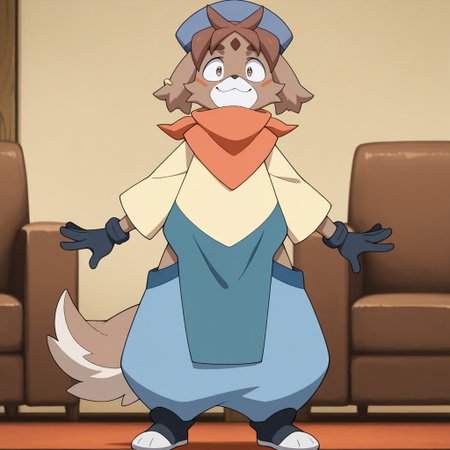 masterpiece, best quality, amazing quality, official style,  fr33di3, male, furry male, anthro, solo, dog-like, brown fur, short hair, brown hair, brown eyes, light muzzle, black nose, orange facial marks, forehead mark, two-tone tail, blue hat, gold ear-piercing, orange bandana, black gloves, long sleeved, yellow shirt, blue flaps, blue pants, black shoes, standing, smile, waving hi, indoors, living room