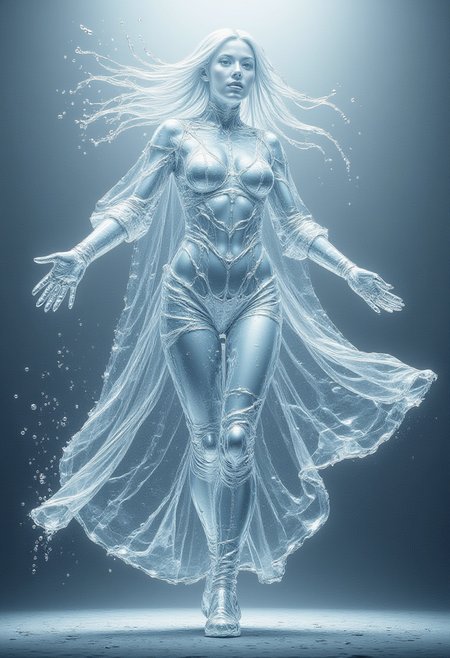 a transparent portrait of Emma Frost made out of ck-wtr, inside there is an Emperor Penguin