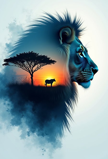 double exposure, shadowy silhouette (lion), animal head. merged with a savanna. In the style of a watercolor painting, ashy splatter backdrop. blue background, captivating, beautiful, vibrant, masterpiece, 8k, Ultra HD, amazing details, amazing quality, amazing artist, sharp edges, detailed textures, full view, atmospheric lighting, amazing visuals