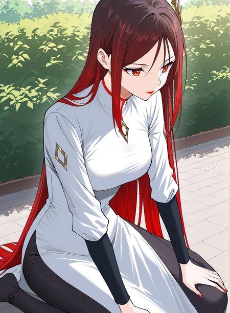 <lora:Jin_Mulan__Ultimate_Son-in-law__Illustrious:1>
1 girl, solo, long hair, red hair, gradient hair, straight hair, hair behind back, side bangs, hair ornament, golden accessory, red eyes, lipstick, 
white dress, high collar, red trim, diamond-shaped brooch, long sleeves, black sleeves, asymmetrical outfit, side slit, black leggings, tight pants, lightning-shaped hair ornament,  diamond pattern on sleeves, bodycon outfit,
score_9, score_8_up, score_7_up, masterpiece, best quality, absurdres, perfect anatomy, 1girl, solo, wariza, sitting, hands on own knees, garden background