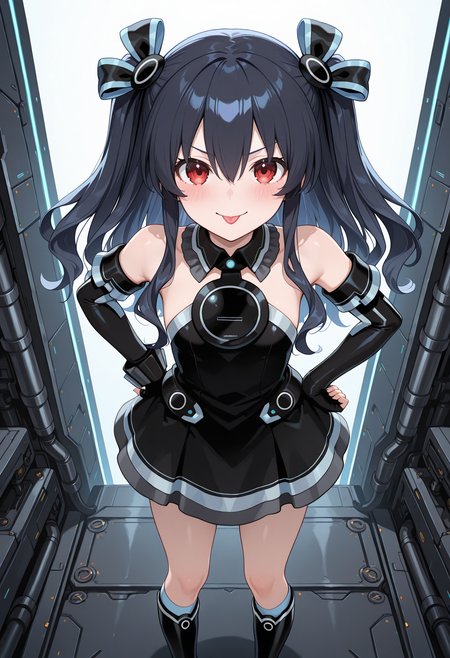 highres, best quality, masterpiece, industrial, science fiction, 
1girl, solo, nptuni, black hair, long hair, red eyes, two-side up, hair between eyes, hair ornament,
1nidef, hair ribbon, black dress, sleeveless dress, black collar, bare shoulders, elbow gloves, fingerless gloves, socks, kneehighs, knee boots,
looking at viewer, blush, v-shaped eyebrows, 
standing, hand on own hip, smile, tongue out, from above,
<lora:_uni_elesico-ilxlG:1>