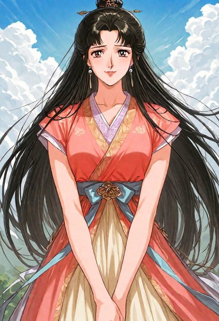 RTKXI style, 1990s_\(style\),retro_artstyle,1woman,mature female,black_hair,long_hair,bangs,Red_Chinese_Hanfu,earrings,looking at viewer,,(detailed face,shy,smile,red_lips), ,outdoor,blue_sky,cloud,BREAK score_9, score_8_up, score_7_up, source_anime,masterpiece, best quality,official art,perfect_anatomy
 (best quality) , (highly detailed) ,((masterpiece)), ((best quality)), (ultra-detailed), ((extremely detailed)), (high resolution), 4K, (8K), best quality, (beautiful), (dynamic lighting),