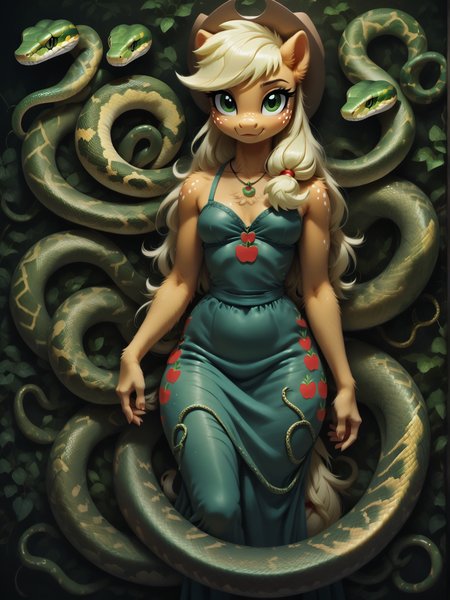 score_9, score_8_up, score_7_up, score_6_up,  1girl, solo, (Applejack:1.3) \(mlp\), (anthro pony:1.1), tail, dress,
<lora:Serpent_World:1> snake, <lora:Anime Summer Night Style SDXL_LoRA_Pony Diffusion V6 XL:0.5>  <lora:Realistic000003_1_2.5DAnime_0.05_Merge1:0.5>  <lora:MegaFluffyPony:0.5> MegaFluffyPony, furry, fluffy, dark theme, low light,