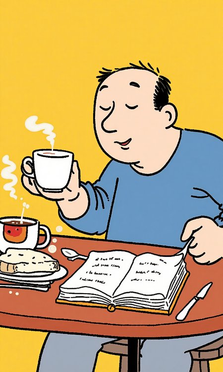 A man having breakfast, holding a cup of coffee in one hand and an open book in the other, just covering his face <lora:flux-test\flux.1_lora_flyway_simple-illustration.safetensors:1.1:1.1>