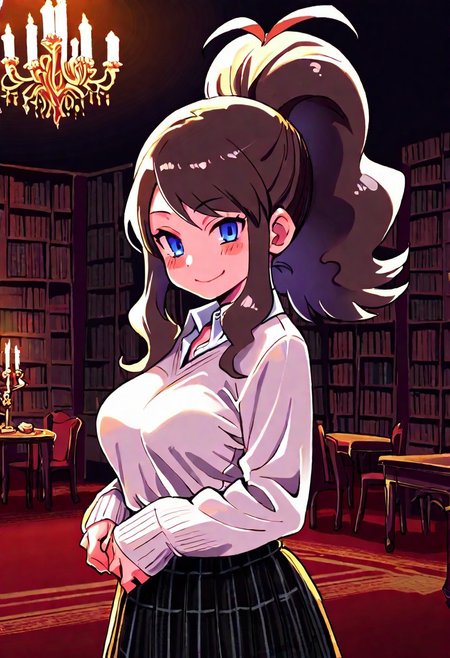 digital art, upper body shot, realistic 3D illustration, Dark Academia,, indoors, dark theme, tree, no humans, window, chair, table, plant, library, red carpet, candlestand, chandelier, books, dim lighting, 
BREAK, 
zzHilda, blue eyes, long hair, high ponytail, sidelocks,
BREAK,
closed mouth, alternate costume, smile, looking at viewer, collared shirt, blush, sweater, black skirt, eyelashes, long sleeves, sleeves past wrists, plaid skirt, blurry, tile floor, pleated skirt, white shirt, cowboy shot, 
BREAK, 
subsurface scattering, soft lighting, contemplative expression, dark background, subtle makeup, high-resolution, detailed texture, emotional depth, dramatic mood, side profile, serene atmosphere, cinematic lighting. perfectly round breasts, medium breasts, firm breasts,  eye contact