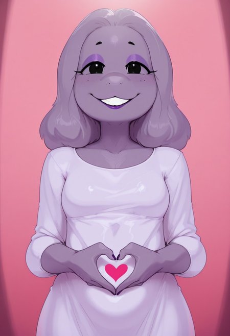 , 1girl, solo, medium build, medium hair, covered skin, flowy dress,  black eyes, purple lipgloss, smiling, portrait, upper body, heart hands, mature female, foreshortening, detailed, newest, shiny skin, cowboy angle, solo focus, furry, anthro, furry female, long hair, mdthetest, small breasts